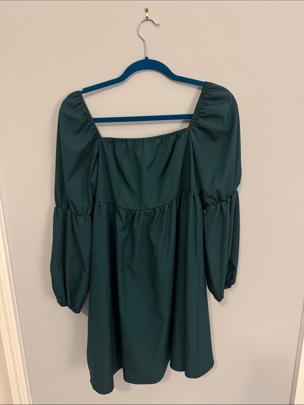 Green Puff Sleeve Square-Neck Mini Dress